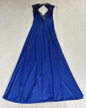 Vtg 1990’s LADY CAMEO DALLAS Nightgown Blue w/Blk Lacy Maxi Sz Sm Hollywood Glam
